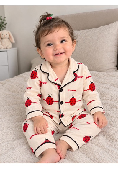 Güneş Kids Kız Bebek Pijama Uğur Böcekli Takımı Beyaz