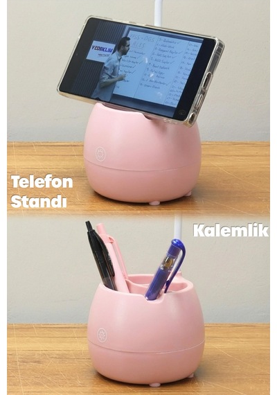 Şarjlı Masa Lambası Işık Ayarlanabilir Kalemlik Telefon Stand Ders Çalışma Okuma Işığı 0620 Pembe Pembe
