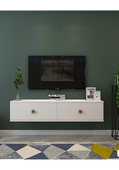 Tda1202b - Zuzu Duvara Montaj Tv Stand Beyaz-gold 120cm Beyaz