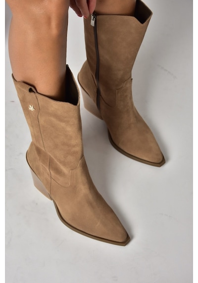 Fox Shoes Z654940161 Vizon Hakiki Deri Süet Kalın Topuklu Western Kadın Çizme