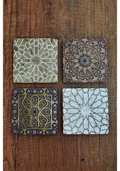 Baskılı Doğal Taş Bardak Altlığı 4'lü Set 10x10x1 Cm Geometrik Desenler - Stone Coasters Çok Renkli
