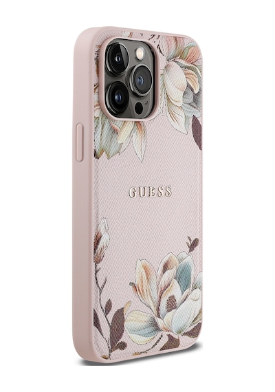 Apple Uyumlu iPhone 14 Pro Max Kılıf Guess Lisanslı M-safe Özellikli Taneli Çiçek Tasarımlı Metal Logolu Pembe