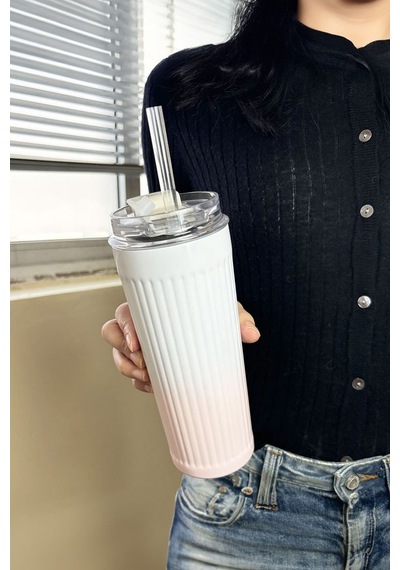 304 L Çelik 0,5 L Pembe Beyaz Degrade Pipetli El Termos Mug Cin913pm Pembe
