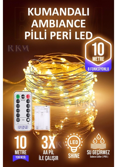 10 Metre Gün Işığı Kumandalı Pilli Peri Led 8 Fonksiyonlu Uzaktan Kumandalı Dekoratif Peri Led Gün Işığı