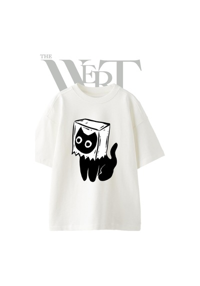 Thewert Kedi Kutu Tasarım Baskılı Ünisex Beyaz Oversize T-shirt