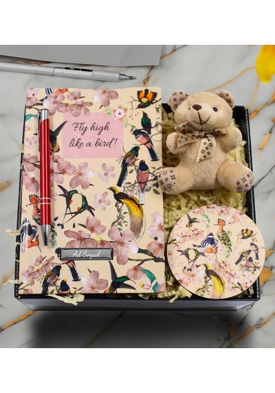Kişiye Özel Kuş Motifli Defter & Peluş Ayıcık & Bardak Altlığı & Kalem Hediye Seti