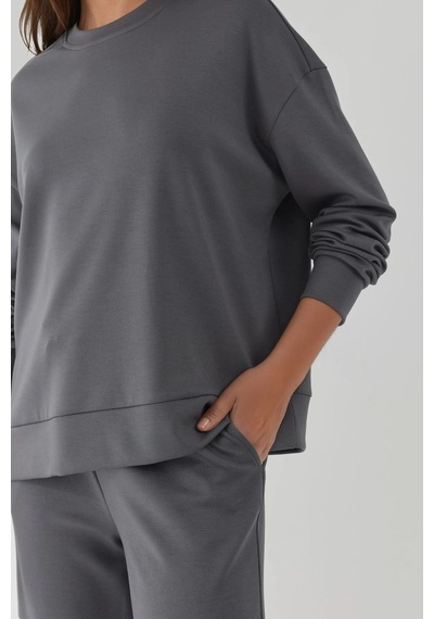 Hiccup Modal Touch Basic Sweatshirt & Geniş Paça Pantolon İkili Takım Koyu Gri