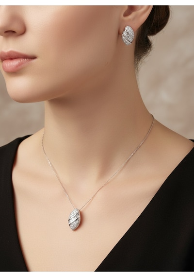 Gümüş Zirkon Baget Taşlı Sıralı Tasarım Trend Kolye Küpe Set
