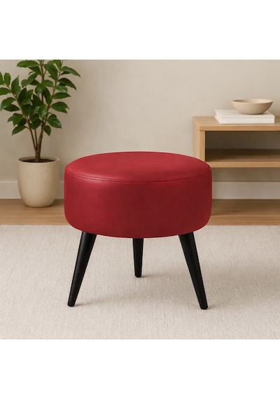Waterybrook Suni Deri Puf - Ahşap Siyah Ayaklı - Retro Modern Tasarım - Oturma Ve Dekoratif Sehpa Kırmızı