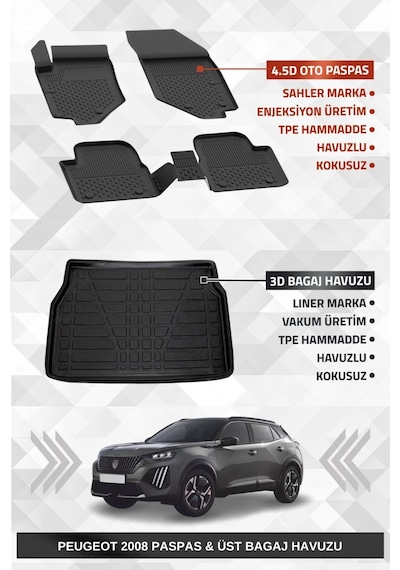 Sahler Peugeot 2008 2019-2025 Uyumlu 4.5d Premium Havuzlu Paspas Ve Liner Üst Bagaj Havuzu - Hybrid