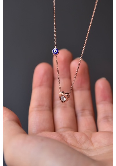Papatya Silver 925 Ayar Gümüş Rose Kaplama Mineli Nazar Tektaş Kalp Kolye