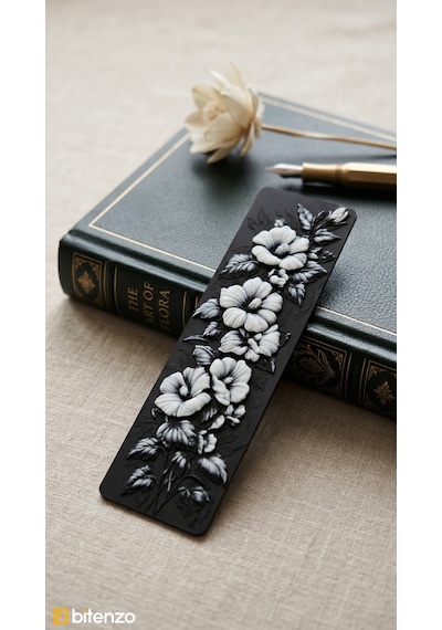 Floral Desenli Kabartma Dokulu Kitap Ayracı - Mat Siyah Sanatsal Çiçek Motifli Aksesuar