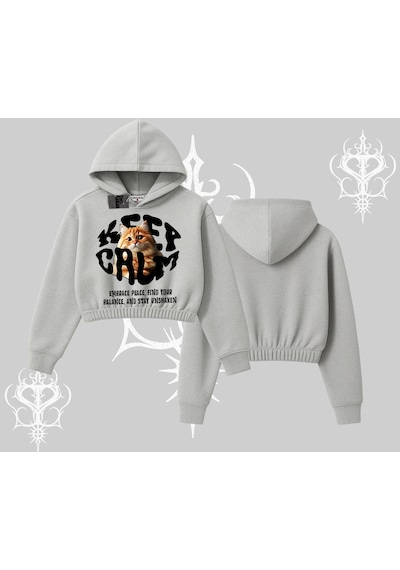 Keep Calm Yazılı Kedi Baskılı Streetwear Kapşonlu Crop Sweatshirt Gri