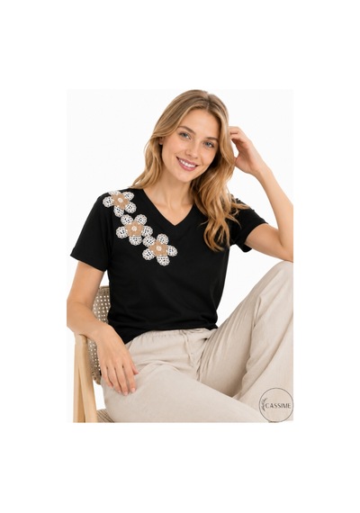 Cassime Kadın Siyah %100 Pamuk Regular/normal Kalıp Çiçek Nakışlı Örme T-shirt