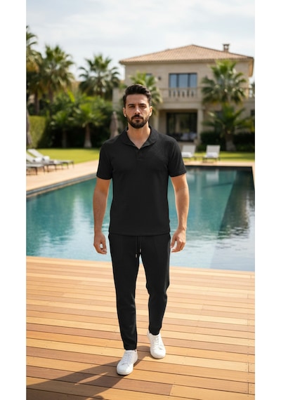 Fifty Color Unisex Trend Bürümcük Krinkıl Kumaş Yazlık Likralı Kısa Kol Tişört Eşofman Takım Siyah