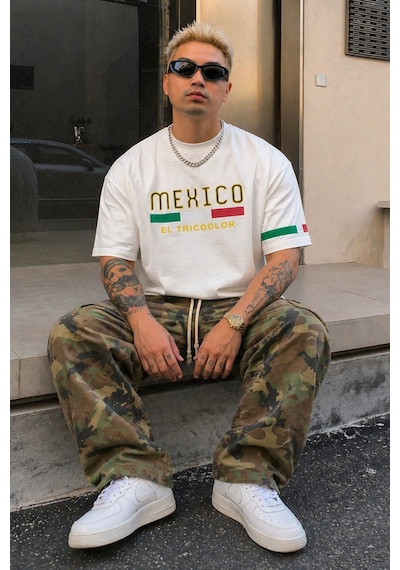 Tarz Cool Erkek Regular Baskılı Tişört Mexico Yazılı %100 Pamuk Rahat Kesim T-shirt Beyaz