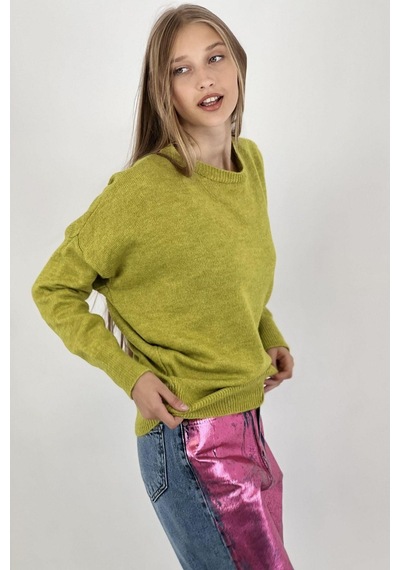 Miss Poem Kadın Oversize Bisiklet Yaka Uzun İnce Yeşil Triko Kazak Yesil