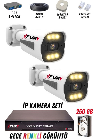 Fury 2 Kameralı Ip Güvenlik Kamerası Seti 4mp Gece Renkli Su Geçirmez 1506 250gb