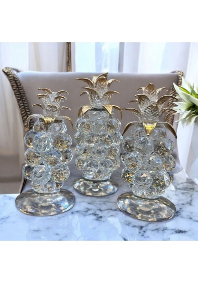Dekoratif Kristal Cam Üçlü Ananas Set Şeffaf Gold
