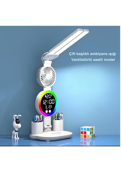 Shopytech Çift Başlıklı Led Masa Lambası Fanlı Dijital Saatli Rgb Ambiyans Dokunmatik Type-c Şarjlı Çok Renkli