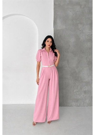 Neşeli Butik Kadın Pembe Gömlek Yaka Kemerli Geniş Paça Tulum Nbk4197