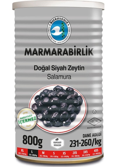 Marmarabirlik Doğal Salamura 231-260 KB L Siyah Zeytin 6 x 800 G