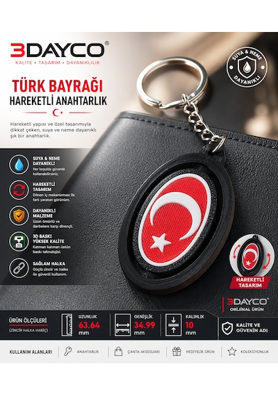 Türk Bayraklı Hareketli Anahtarlık Kırmızı - Siyah
