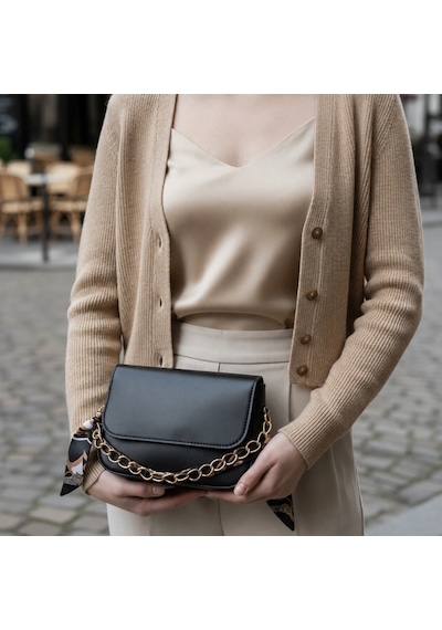 Celeste Bag Siyah Fular Ve Zincir Detaylı Kadın Omuz Çantası