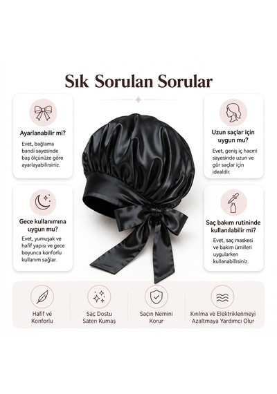 Ayarlanabilir Saç Bakım Bonesi İpek Saten Uyku Bonesi Tek Katlı Bandana Siyah