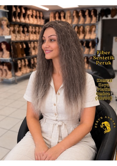 Afro Su Dalgası Peruk Fiber Sentetik Küllü Kumral Arası Işıltılı Platin Ombre