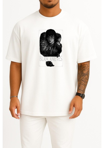 Bahriyeli Collection Oversize Blancanieves İspanyol Film Göğüs Baskılı Unisex T-shirt Beyaz