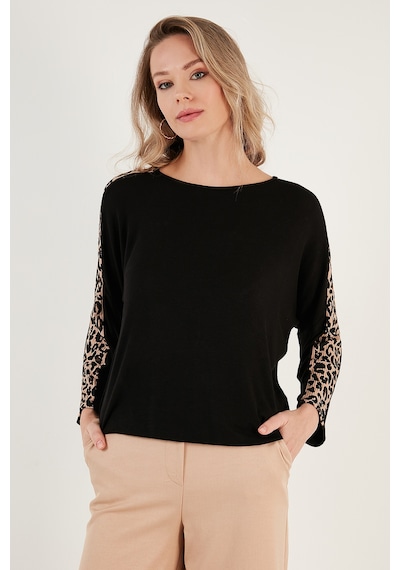 Lela Kolları Leopar Desenli Bisiklet Yaka Bayan Bluz 5863809 Siyah