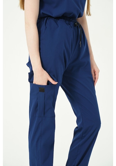 Saks Mavi Likralı Kargo Cep Jogger Paça Doktor Hemşire Forması Tek Alt Unisex
