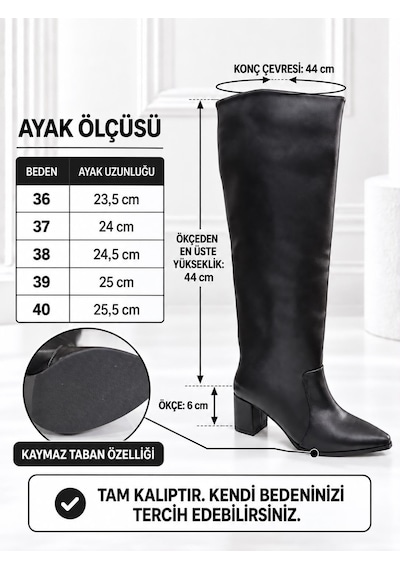 Dabab Shoes Dahlıa Kadın Siyah Cilt Sivri Burun 6 Cm Kalın Topuklu Diz Altı Uzun Çizme