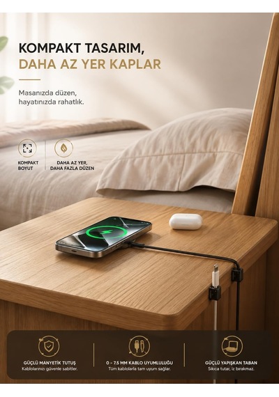 6'li Manyetik Kablo Düzenleyici, Yapışkanlı Kablo Tutucu Klips, Telefon Şarj Kablosu Sabitleyici, Masaüstü Kablo