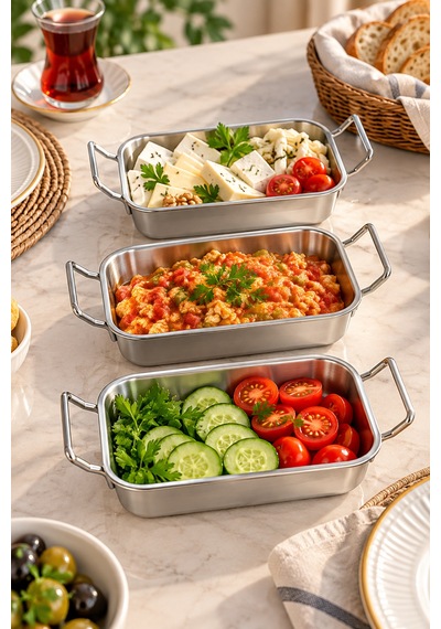 3 Lü Paslanmaz Çelik Mini Sunumluk Seti Kulplu Meze, Kahvaltılık Ve Sos Servis Tabağı Gümüş