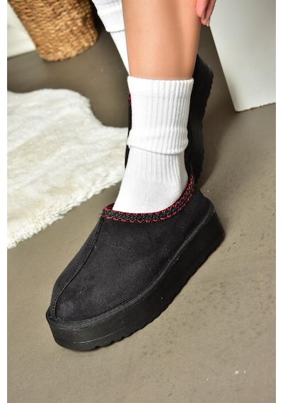 Fox Shoes R612047302 Siyah Süet İçi Tüylü Kalın Tabanlı Kadın Terlik Siyah