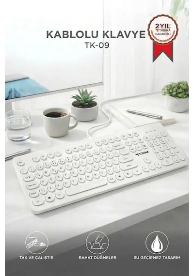 Bilgisayar Görsel Stil Usb Bağlantı Kablolu Q Klavye Retro Daktilo Görünümlü Tk09 Beyaz
