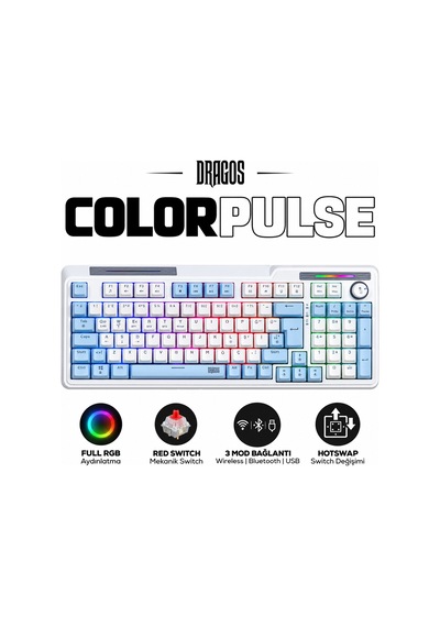 Dragos Colorpulse Mavi Beyaz Red Switch Hotswap Şarjlı Usb Wireless Bluetooth Full Rgb Mekanik Oyuncu Klavyesi