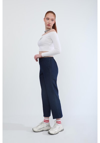 Kadın Beli Lastikli Likralı Yan Cepli Jean Pantolon Lacivert Lacivert