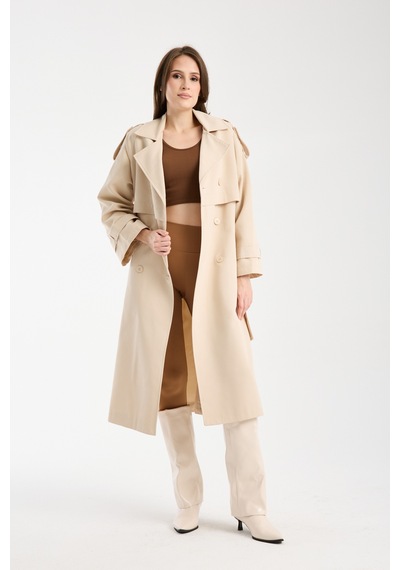 Bej Oversize Kruvaze Kapama Rüzgarlık Detaylı Trençkot 44956
