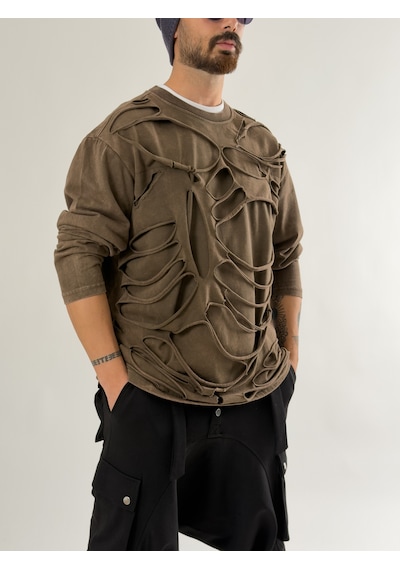Cocopelli Street Yıkamalı Kahverengi Tasarım Erkek Sweatshirt Coc2648 Kahverengi