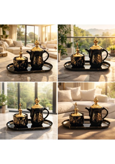 Banum Luxury Lüks Porselan Siyah Ve Altın Tonlu 3lü Set Tütsülük