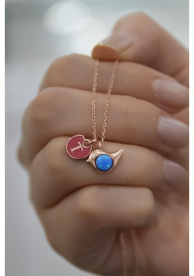 925 Ayar Gümüş Rose Kaplama Mineli T Harfli Opal Kuş Kolye