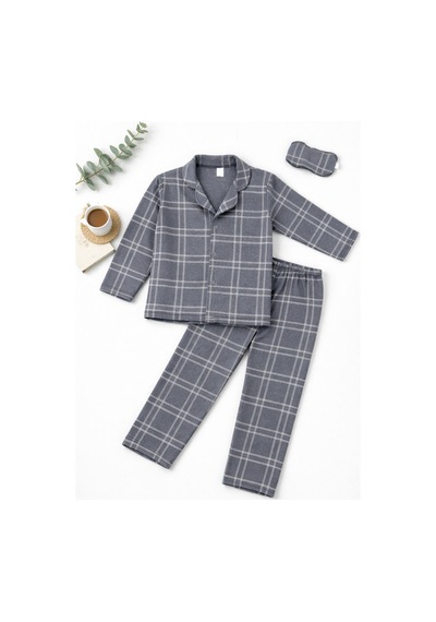 Beka Kids Erkek Çocuk Önden Düğmeli Kareli Pijama Takımı - Göz Bantlı Gri