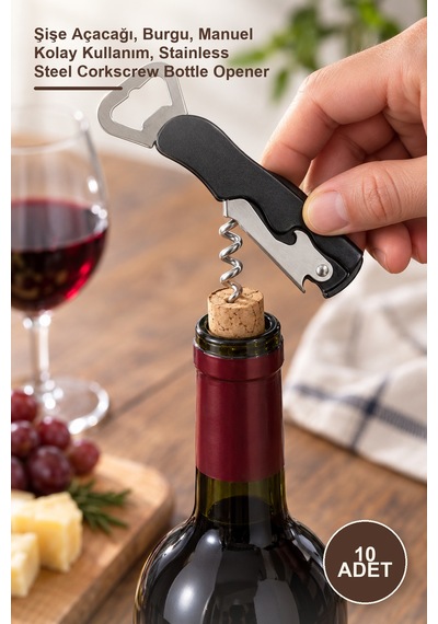 10 Adet Paslanmaz Çelik Tirbuşon Şişe Açacağı, Burgu, Manuel Kolay Kullanım, Stainless Steel Corkscrew Bottle Opener