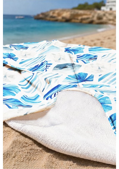 Mavi Tropikal Geometrik Plaj Havlusu - Modern Marine Altıgen Hızlı Kuruyan Mikrofiber Havlu Kuru Tozu