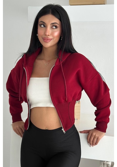 Kadın Siyah Fermuarlı Hoodie Minimal Sokak Ruhuyla Bordo