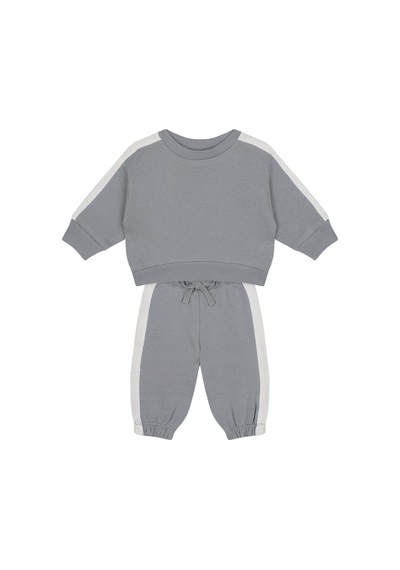 Antebies Organik Gri Beyaz Beli Lastikli Bağcıklı Manşetli Erkek Bebek Sweatshirt Eşofman Takımı