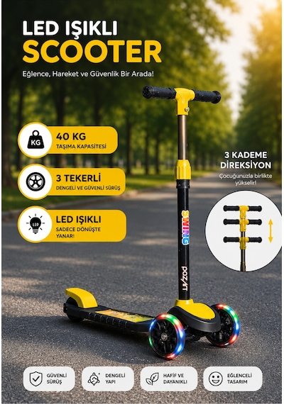 Scooter Yeni Swing 3tekerli Led Işıklı 40kğ Kapasiteli 3+yaş Uygun Sarı